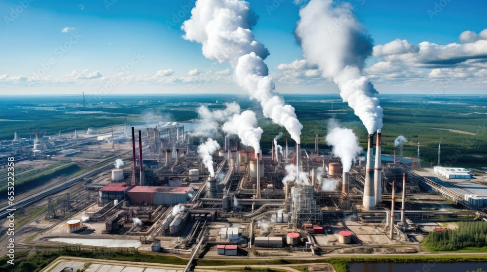 Fotka ???Aerial view of an industrial complex with smokestacks emitting
