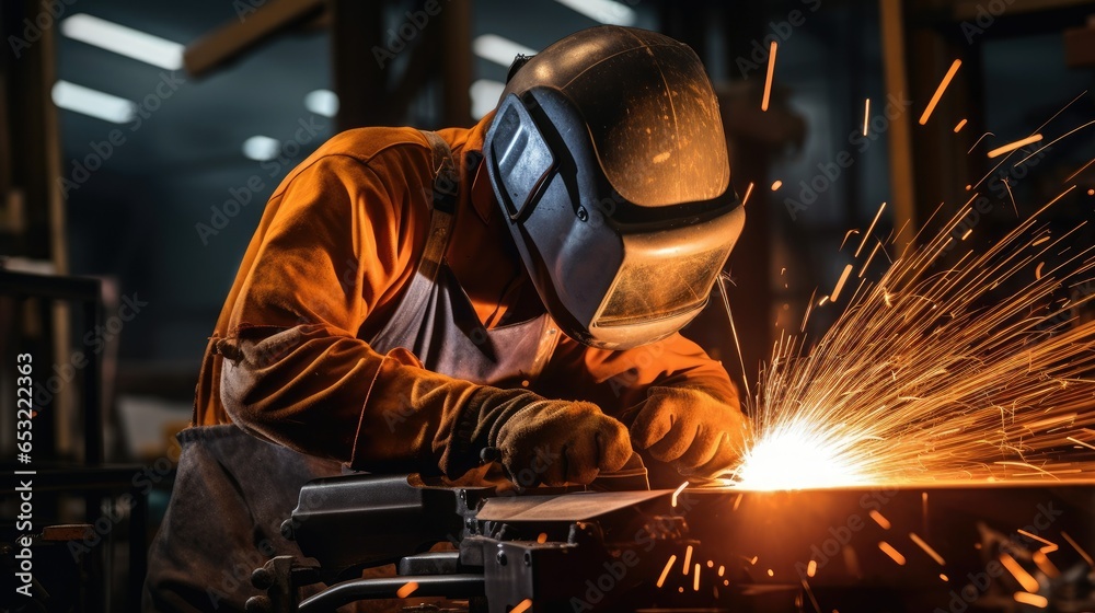 Close-up shot of a factory worker in protective gear operating heavy machinery, creating sparks. Illustrates worker safety in manufacturing industry. Close-up shot of a factory worker in protective gear operating heavy machinery, creating sparks. Illustrates worker safety in manufacturing industry.