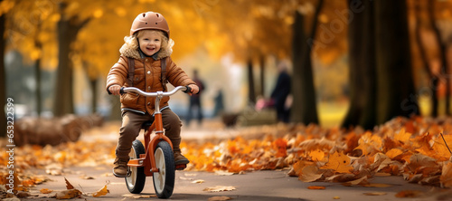 Child riding a bicycle in autumn park. Fall activities for kids outdoors. Banner with copy space.