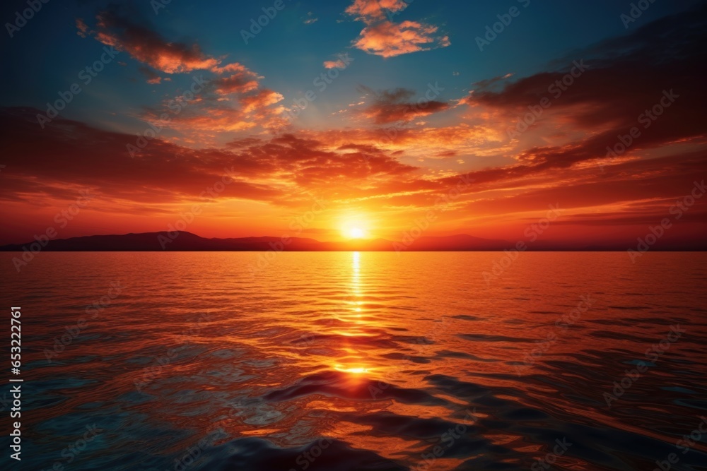 a blazing sun setting over a calm sea