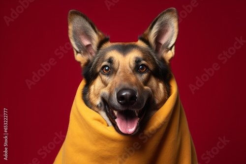Close-up portrait photography of a smiling german shepherd wearing a thermal blanket against a burgundy red background. With generative AI technology
