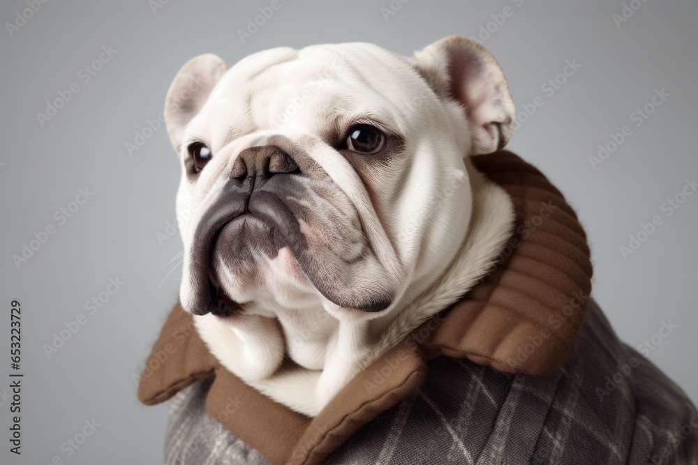 Photography in the style of pensive portraiture of a smiling bulldog wearing a sherpa coat against a pearl white background. With generative AI technology