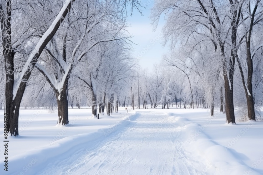 thick blanket of snow covering a winding park pathway