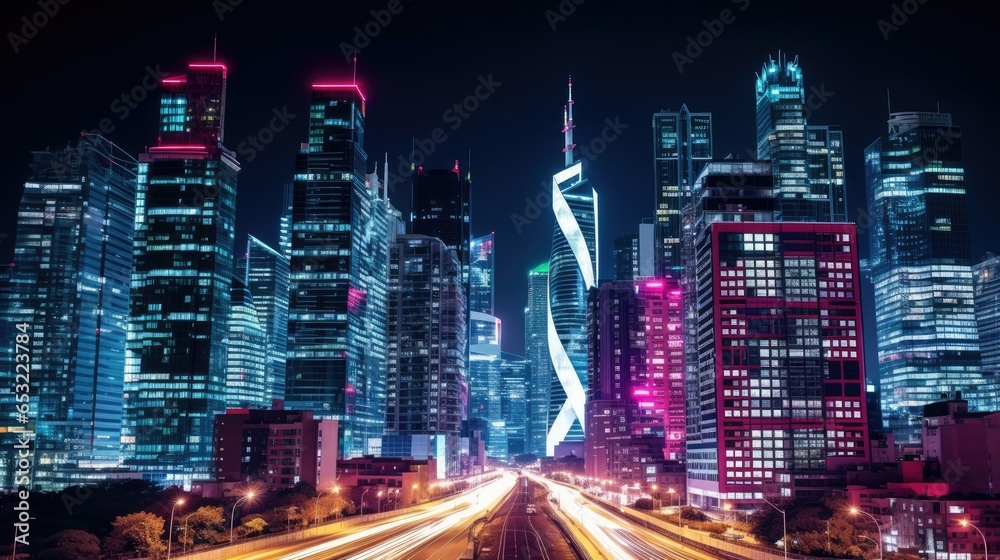 Fototapeta premium Futuristic cityscape at night with vibrant neon lights, reflecting off the urban architecture. Low angle shot of illuminated skyline using Sony Alpha a7 III and Sony FE 16-35mm f/2.8 GM lens. Capture
