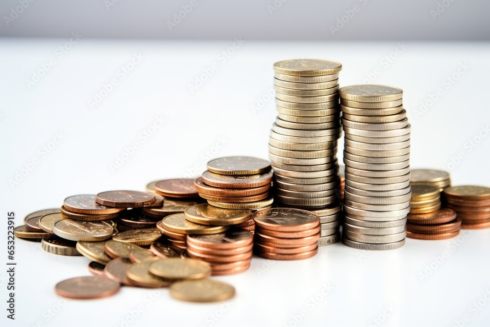 coins stacking on a white background, a calculator beside coins stacking on a white background, a calculator beside
