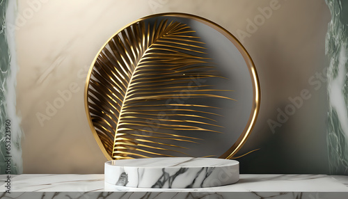 Glamorous Product Showcase: Marble Podium with Gilded Palm Leaf, AI Generated