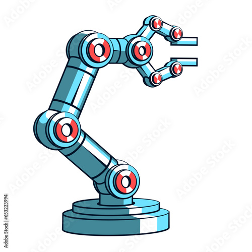 Robotic arm manipulator for assembly in a factory. Mechanical hand - vector illustration in retro comic style.