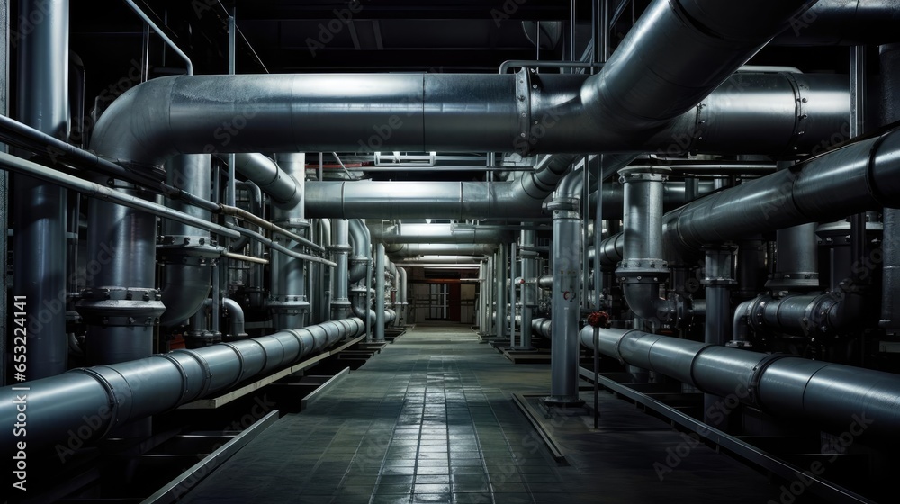 Metal pipes in industrial interiors