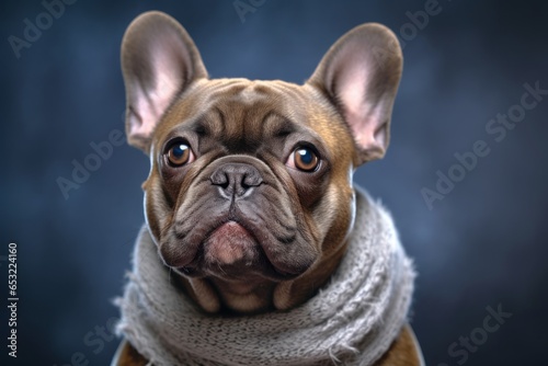 Close-up portrait photography of a cute french bulldog wearing a warm scarf against a metallic silver background. With generative AI technology © Markus Schröder