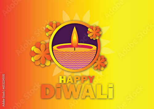  Diwali festival  greeting card design with diya and flowers. Vector illustration.