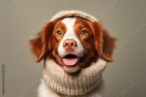 Close-up portrait photography of a happy brittany dog wearing a snood against a beige background. With generative AI technology