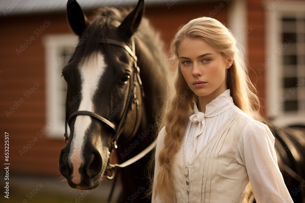 Obraz premium the aesthetics of old money. Beautiful young woman on the background of her horse
