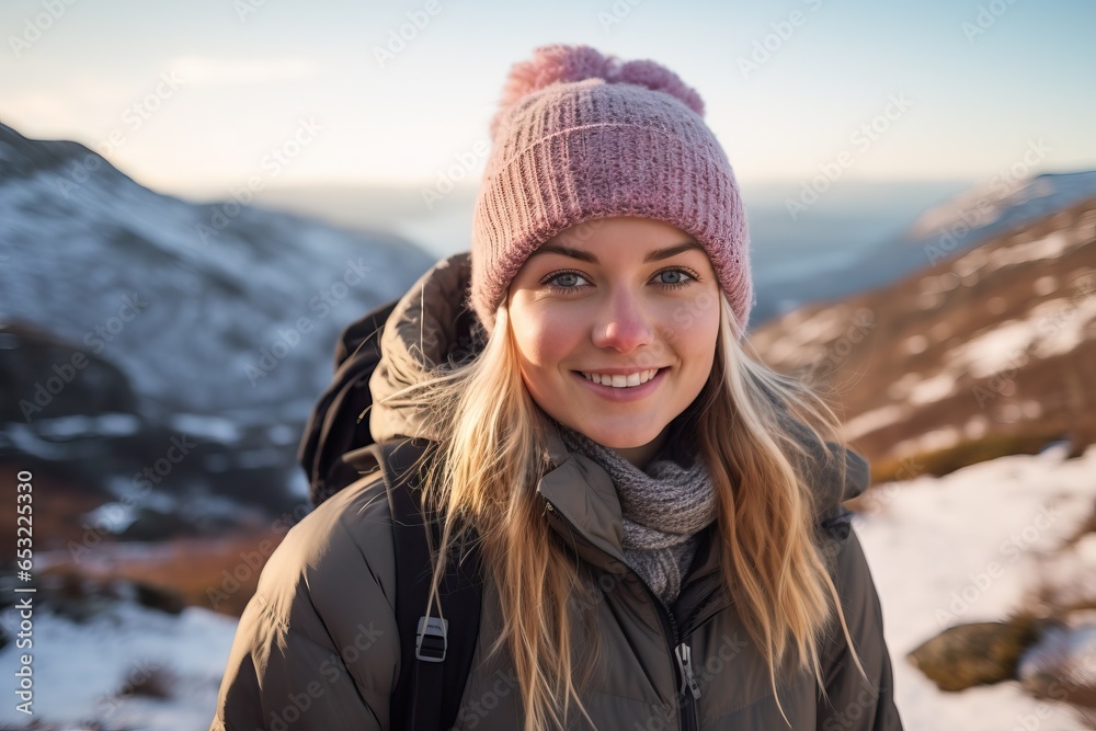 a girl in a hat and warm clothes travels alone in the mountains. Honeymoon concept a girl in a hat and warm clothes travels alone in the mountains. Honeymoon concept