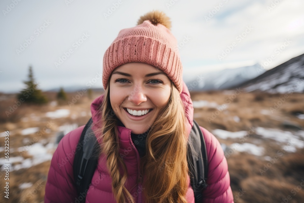 a girl in a hat and warm clothes travels alone in the mountains. Honeymoon concept a girl in a hat and warm clothes travels alone in the mountains. Honeymoon concept