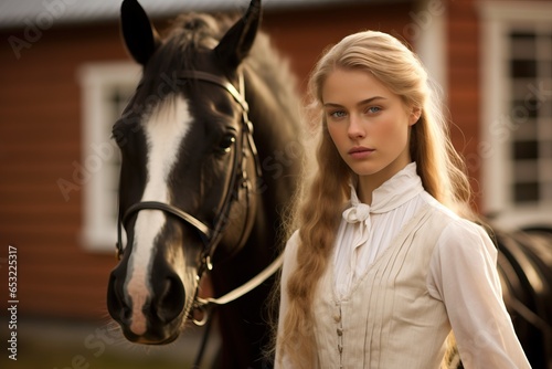 the aesthetics of old money. Beautiful young woman on the background of her horse