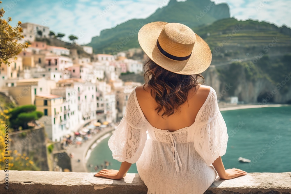 A girl in a light dress and a beautiful hat on vacation, rear viewю Honeymoon concept