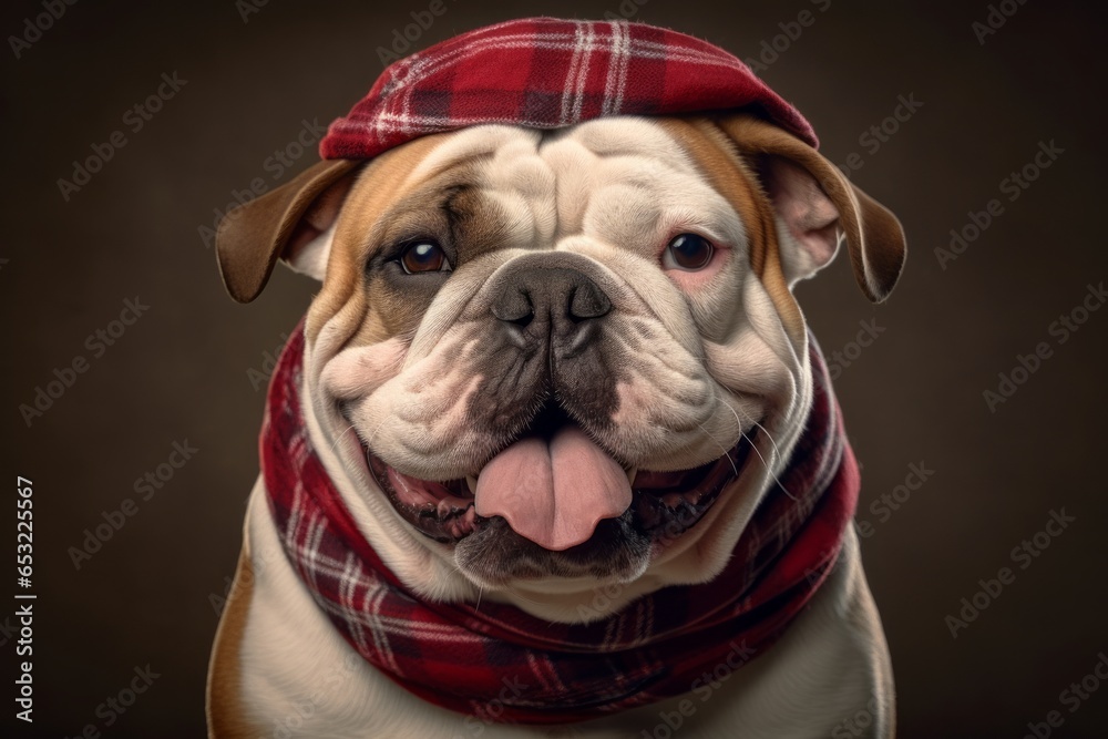 Headshot portrait photography of a happy bulldog wearing a bandana against a warm taupe background. With generative AI technology