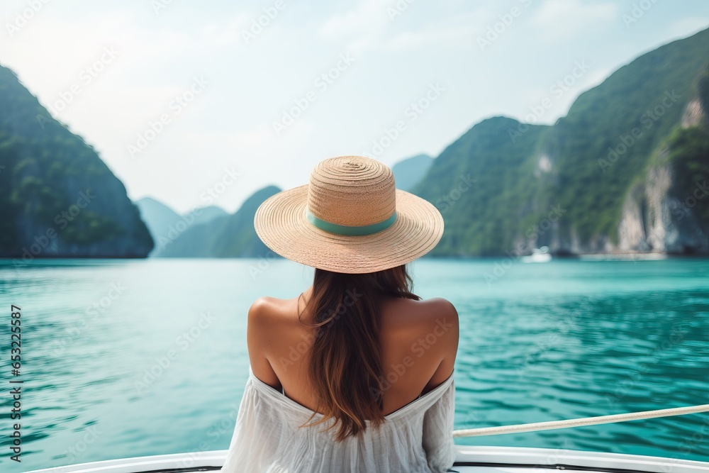 a girl in a bikini is sitting on a boat, rear view. Honeymoon concept