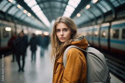 European Girl traveler with a backpack. Honeymoon concept