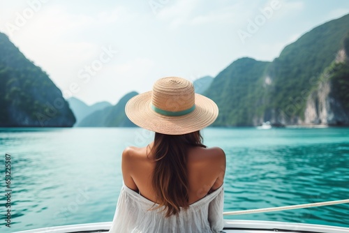 a girl in a bikini is sitting on a boat, rear view. Honeymoon concept © artem