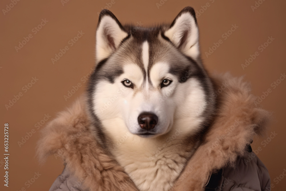 Headshot portrait photography of a funny siberian husky wearing a sherpa coat against a warm taupe background. With generative AI technology