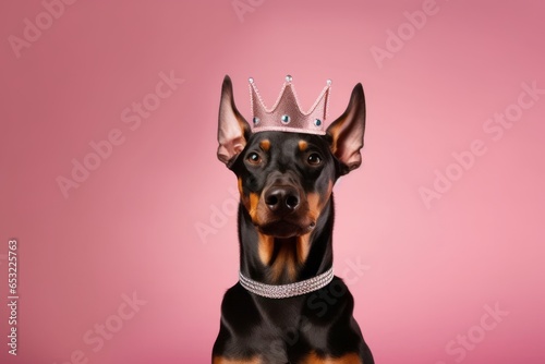 Headshot portrait photography of a smiling doberman pinscher wearing a princess crown against a warm taupe background. With generative AI technology