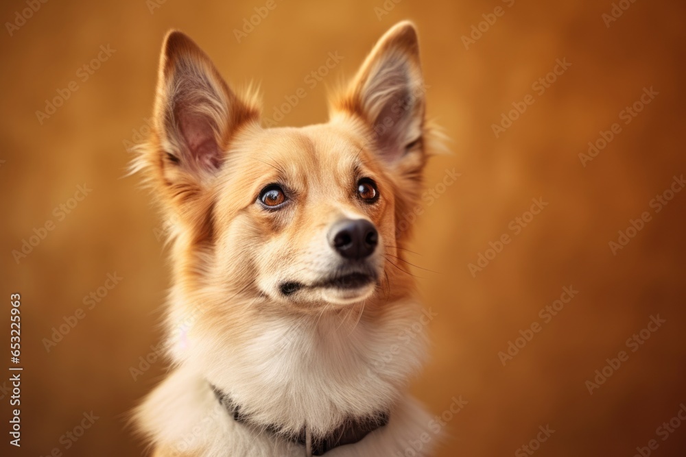 Headshot portrait photography of a happy norwegian lundehund wearing a paw protector against a warm taupe background. With generative AI technology