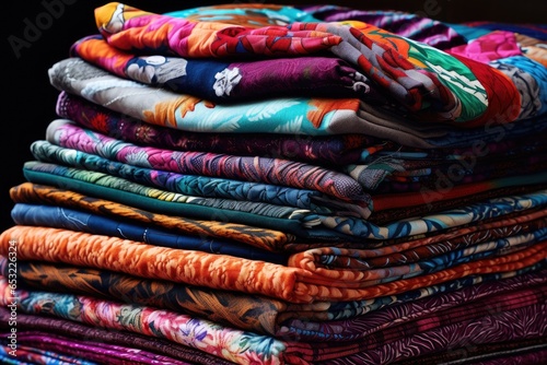 colorful hand-sewn patterned textiles stacked together