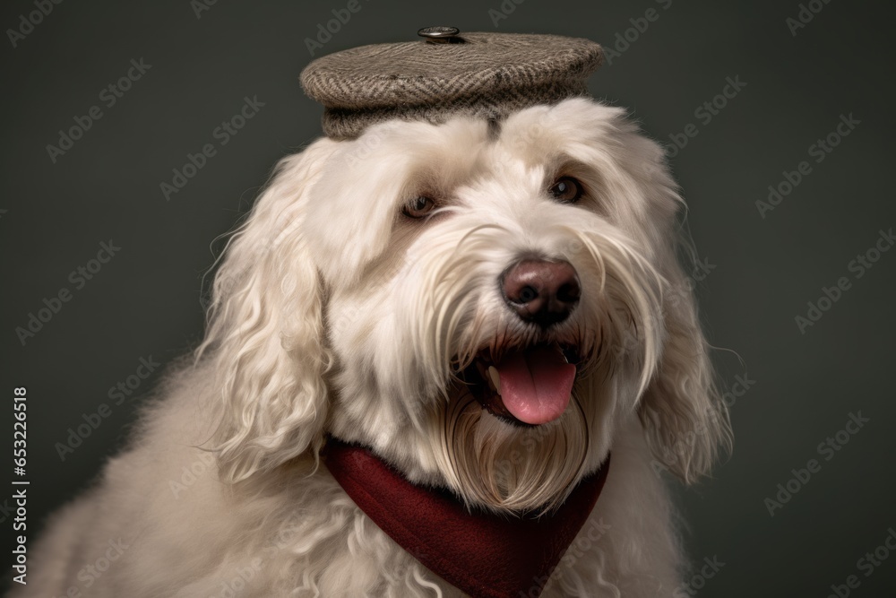 Photography in the style of pensive portraiture of a smiling komondor dog wearing a beret against a cool gray background. With generative AI technology