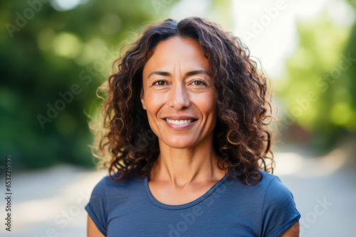 An outdoors portrait of a confident, cheerful mature woman, aged in her 50s, radiating happiness and vitality. She stands in a sunny public park, embodying a balanced and active healthy lifestyle. photo