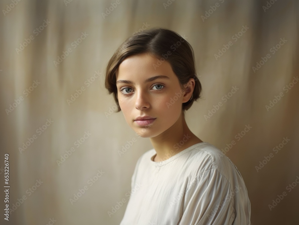 Portrait of a Fictional Traditional Young Woman Wearing an Elegant and Simple Linen Dress. Generative AI. Portrait of a Fictional Traditional Young Woman Wearing an Elegant and Simple Linen Dress. Generative AI.
