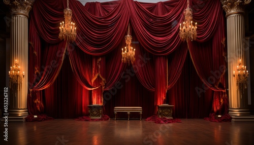 Opulent drapery in rich reds and golds cascading down the stage backdrop
