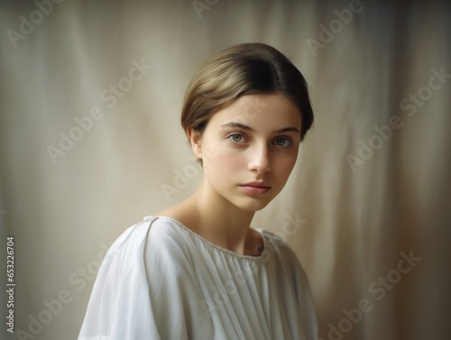 Portrait of a Fictional Traditional Young Woman Wearing an Elegant and Simple Linen Dress. Generative AI. 