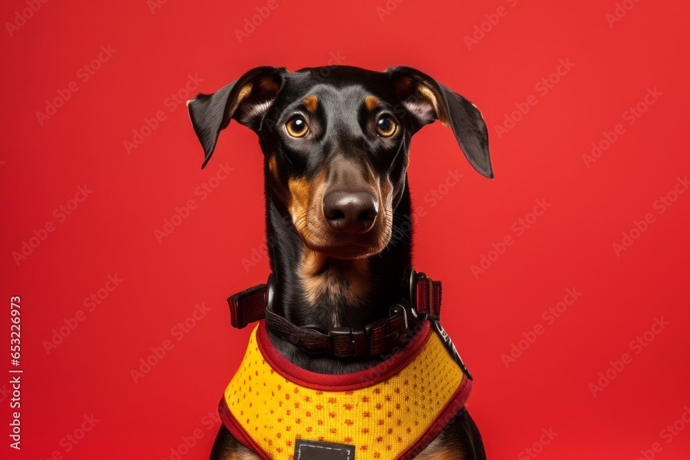 Medium shot portrait photography of a cute doberman pinscher wearing a swimming vest against a ruby red background. With generative AI technology