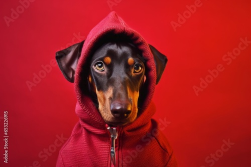 Close-up portrait photography of a funny doberman pinscher wearing a fluffy hoodie against a ruby red background. With generative AI technology