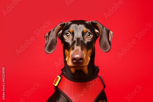 Medium shot portrait photography of a cute doberman pinscher wearing a swimming vest against a ruby red background. With generative AI technology
