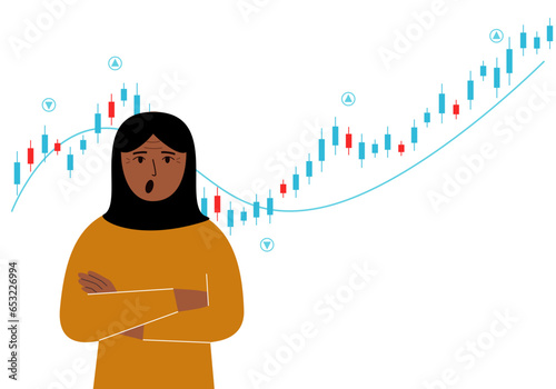 A arab woman on the background of a Forex chart. Conceptual illustration on the topic of strategic planning in trading on the stock exchange.