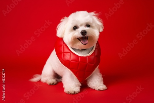 Lifestyle portrait photography of a smiling maltese wearing a paw protector against a ruby red background. With generative AI technology