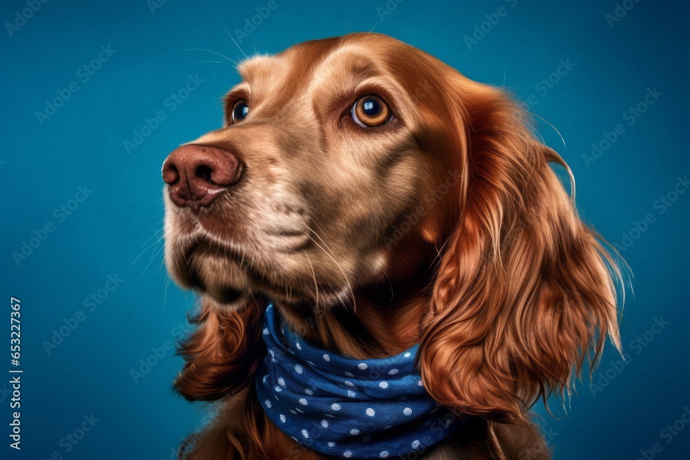 Close-up portrait photography of a funny cocker spaniel wearing a polka dot bandana against a sapphire blue background. With generative AI technology