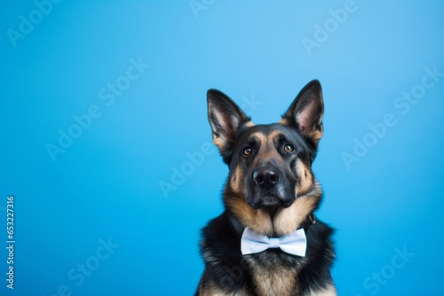 Photography in the style of pensive portraiture of a cute german shepherd wearing a tuxedo against a sapphire blue background. With generative AI technology