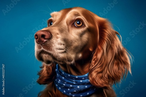 Close-up portrait photography of a funny cocker spaniel wearing a polka dot bandana against a sapphire blue background. With generative AI technology