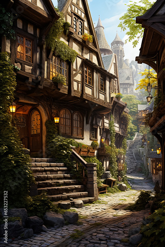 fantasy background, medieval street with wide stone road and stairs, medieval houses on the sides of the street, fantasy style