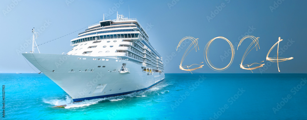New year 2024 Cruise Ship, Cruise Liners beautiful white cruise ship above asphalt new year numbers 2024,luxury cruise in the ocean sea concept exclusive tourism travel on holiday. - obrazy, fototapety, plakaty 