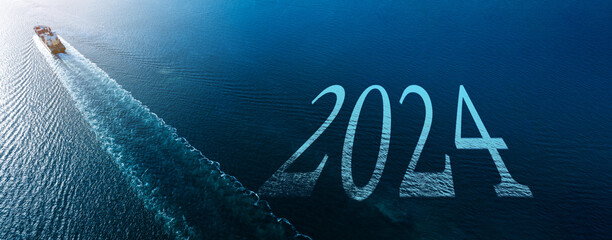 Future 2024 cargo ship with asphalt new year numbers 2024,  .ship carrying container and running for export concept technology ship move forwarder to new year.