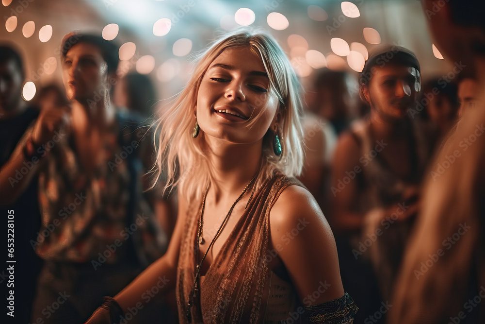 Young woman with blonde hair is dancing with her friends in a performance tent at a music festival