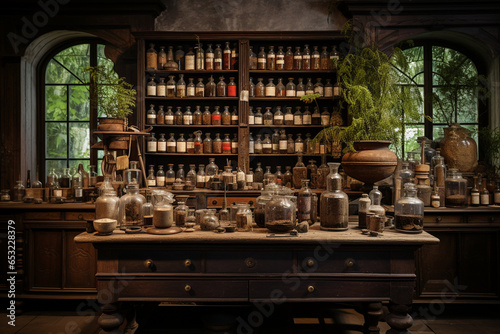 photo of a meticulously recreated historical apothecary shop with wooden shelves and glass jars, invoking a sense of nostalgia and curiosity about ancient remedies photo