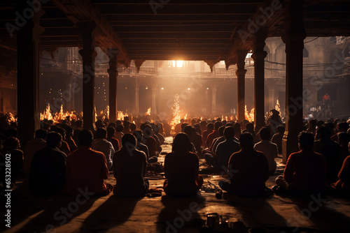 photo capturing the serenity of an ancient city temple, with worshippers engaged in religious practices