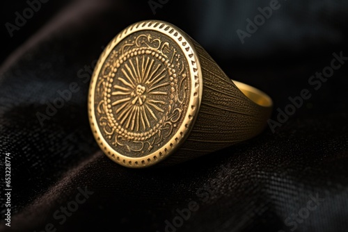 close-up of a gold signet ring on a black cloth
