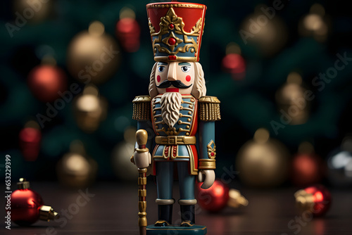 Soldier nutcracker statue standing in front of decorated Christmas tree