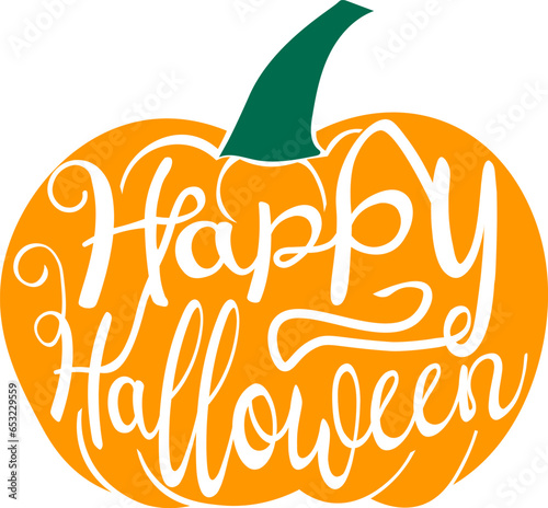 Happy Halloween transparent lettering carved on pumpkin holiday greeting emblem vector